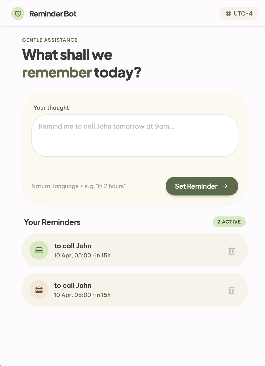Remind Me Bot interface showing natural language reminder creation on Telegram